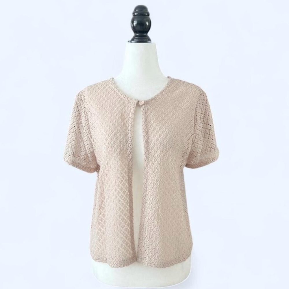 Vintage Women’s Tan Knit Cottagecore Whimsy Twee Short Sleeve Cardigan Small